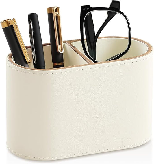PU Leather Pen Holder for Desk, Small Remote Control Holder Pencil Cup Multifunctional Desktop Organizer Caddy for Home School Office Desk Accessories - 2 Compartments (Beige)-DeskLoop Office
