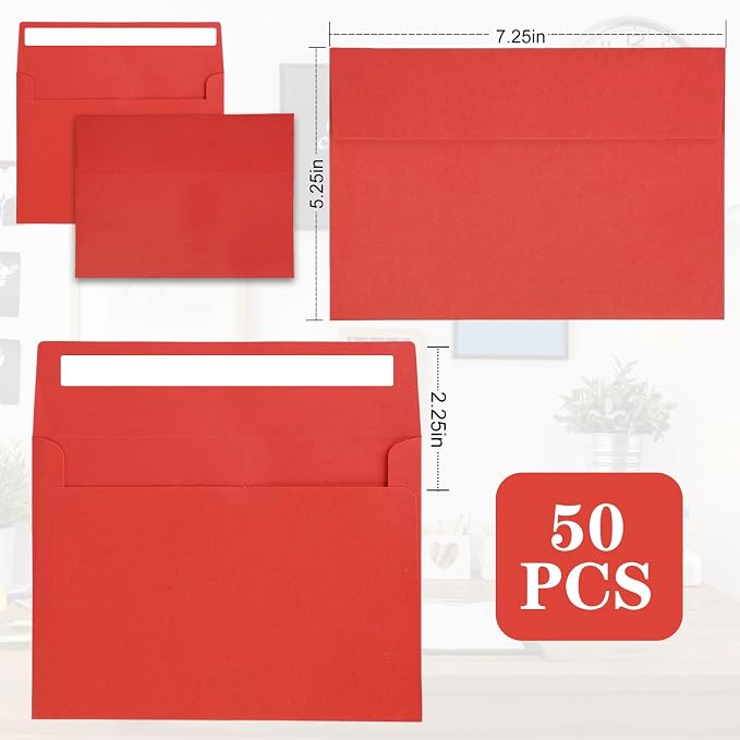 50Packs A7 Red Envelopes 5x 7 Inch Card Envelopes, Self Seal - Image 2