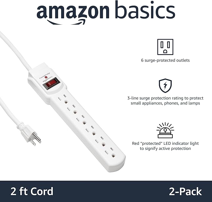 Amazon Basics Surge Protector Power Strip, 6-Outlet with 200J Protection, 2ft Extension Cord, Rectangle, White (2 Pack)-DeskLoop Office