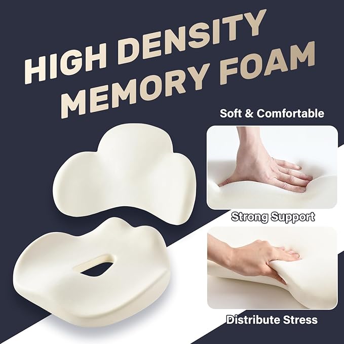 Coverado Seat Cushion and Lumbar Support Pillow for Car Office Chair, Ergonomic Memory Foam Desk Chair Cushion Back Support Pillow, Sciatica & Back & Tailbone Pain Relief Cushion-Beige-DeskLoop Office