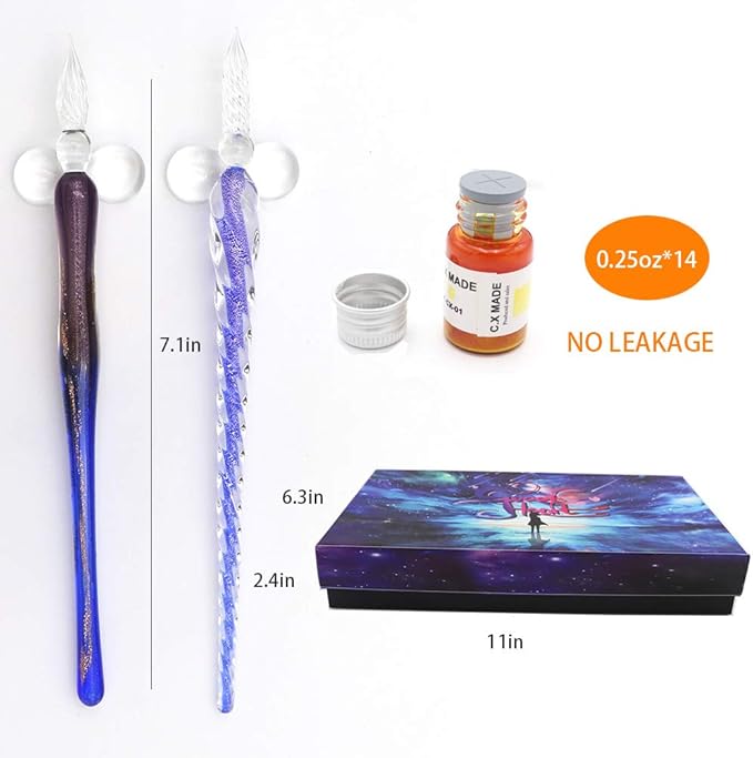 AXEARTE Glass Dip Calligraphy Pen Set, 18-Pieces 14 Color Inks, Pen Holder, Cleaning Cup, 2 Crystal Glass Pens for Art, Writing, Drawing, Signatures, Gift for Kids and Artist-DeskLoop Office