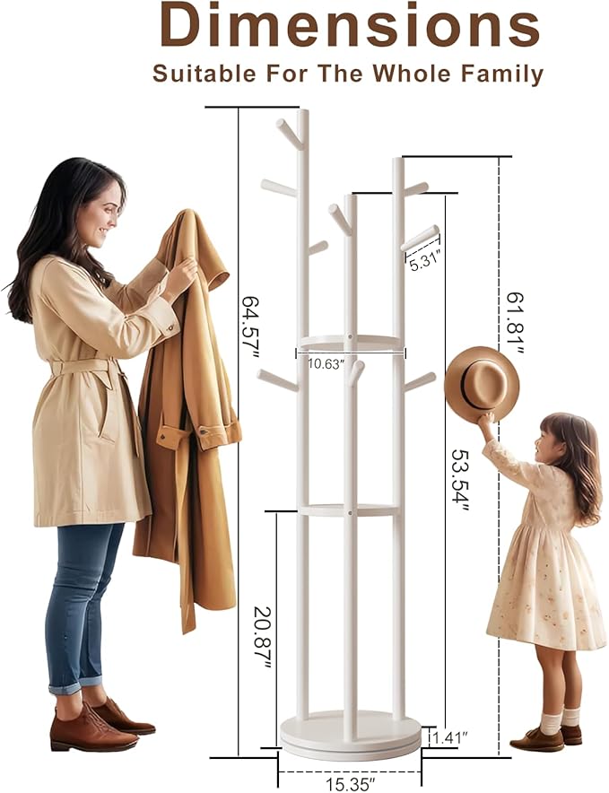 Solid Wood Rotary Coat Rack, Freestanding Coat Rack with 3 Shelves and 9 Hooks, Coat tree for Bedroom, Entryway, Livingroom, Coat Hanger Stand for Coats, Scarves, Handbags (White)-DeskLoop Office