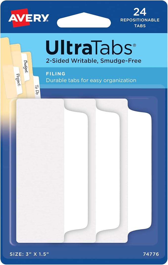 Avery Filing Ultra Tabs, 2-Side Writable, 24 Repositionable File Tabs by Avery