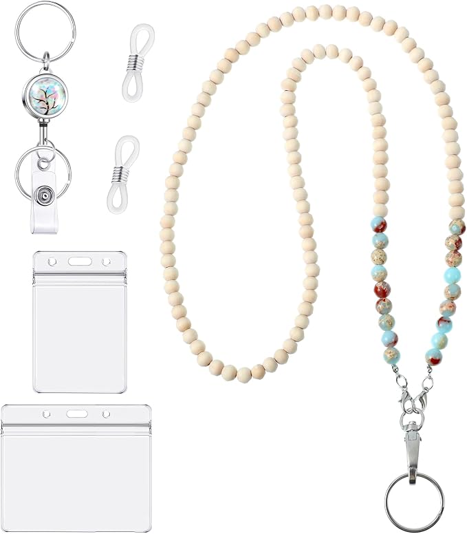 Teacher Lanyard with ID Holder Cute Wooden Beaded Lanyards by BESARME