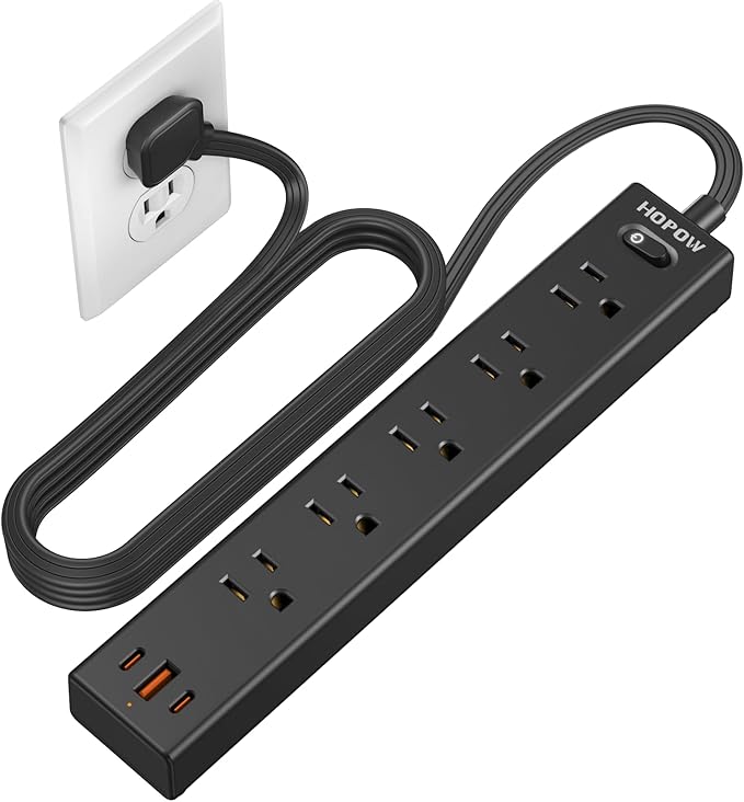Flat Plug Power Strip, 6 Ft Ultra Thin Extension Cord, Surge Protector with 5 Outlets & 3 USB Ports (2 USB C), 1700 Joules, Wall Mount, Desktop Charging Station for Home Office Dorm, Black-DeskLoop Office