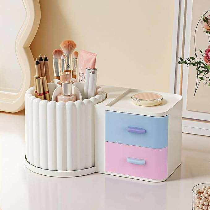 Anyoifax 360 Rotating Makeup Brush Holder 7 Slots Makeup Organizer with Drawer Removable Spinning Cosmetic Storage Pen Holder for Vanity, Dresser, Desk, Colorful-DeskLoop Office