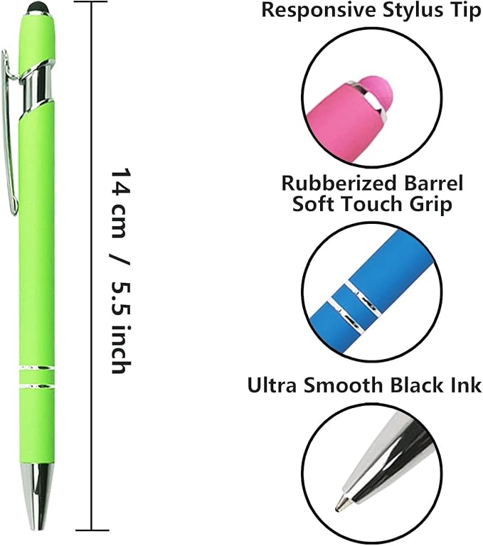 Ballpoint Pen with Stylus Tip, Soft Touch Click Metal Pen, 1.0mm Medium Point, Black Ink, 12 Count(Light Green)-DeskLoop Office