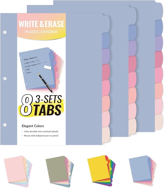 Sooez 8 Tabs Long-Lasting Plastic Write & Erase Large Tabs Dividers by Sooez