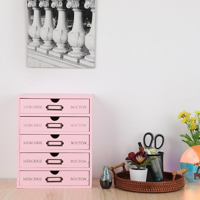 Wooden Storage Box with 5 Drawers Apothecary Vintage Wood Desktop Organizer - Image 2