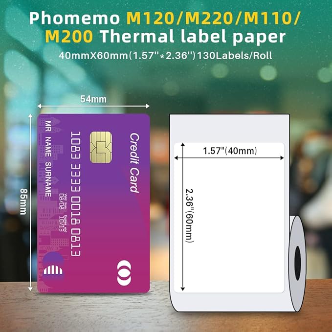 Phomemo 3 Rolls M110/M220/M110/M108/M250/M120/M150/M260/M221/M200 Thermal Label Paper 1.57'' x 2.36'' (40x60mm), Square Self-Adhesive Barcode&Address Label,130 Pcs/Roll, Black on White-DeskLoop Office