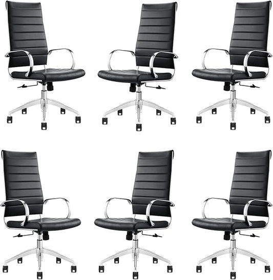 Ribbed High Back Conference Room Chairs - Lumbar Support, Modern Style Executive Chair for Home and Office - 360 Swivel Rolling Wheels - Aluminum Chrome Frame & Base - Black (Pack of 6)-DeskLoop Office