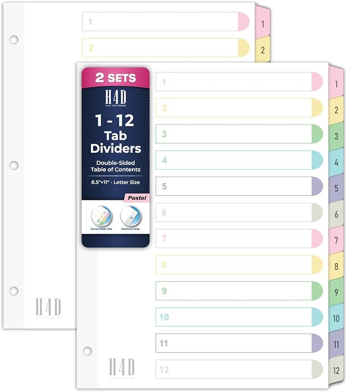 H4D 12 Tab Dividers for 3-Ring Binder, Numbered 1-12 Multicolor Tabs by H4D