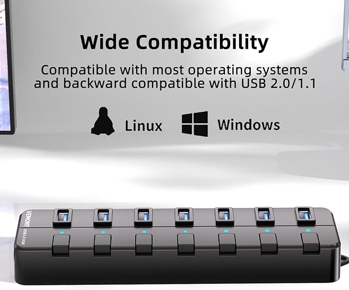 VEMONT 7-Port USB 3.0 Hub (Equipped with a 4-Foot Data Cable, Individual Switch, and Indicator Light, it Supports Data Transfer speeds of up to 5Gbps) Suitable for Desktop Computers and laptops.-DeskLoop Office