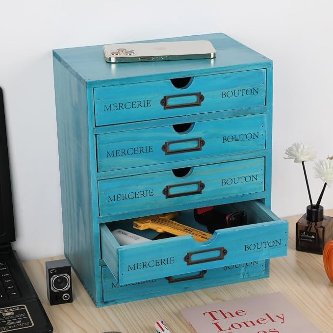 Wooden Storage Box with 5 Drawers Apothecary Drawers Vintage Wooden Drawers - Image 5