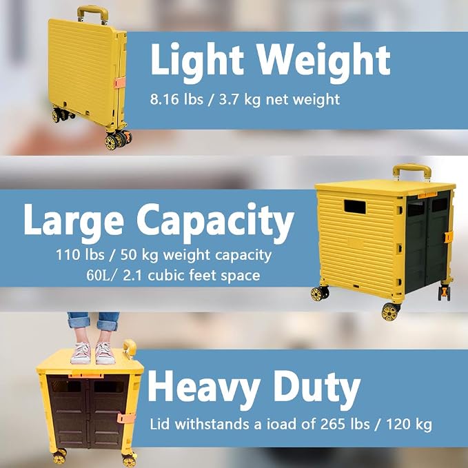 FELICON SELORSS Foldable Utility Cart Folding Portable Rolling Crate-Yellow | - Image 3