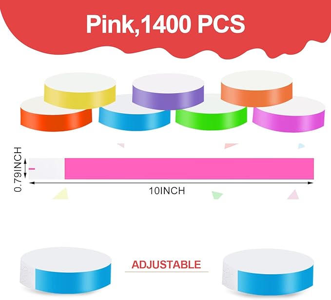 1400 Pack Wristbands for Events Paper Wristbands Waterproof Paper Bracelets Neon Wrist Bands Colored Wristbands Adhesive Hand Bands Armbands for Concerts(Pink)