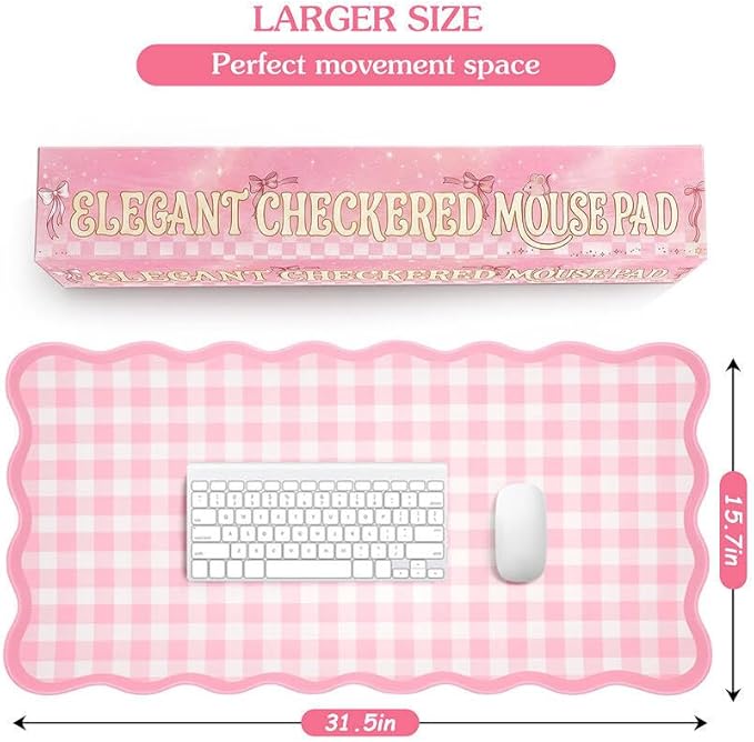 Scalloped Gingham Pink Desk Mat, Large Cute Desk Pad - Image 7
