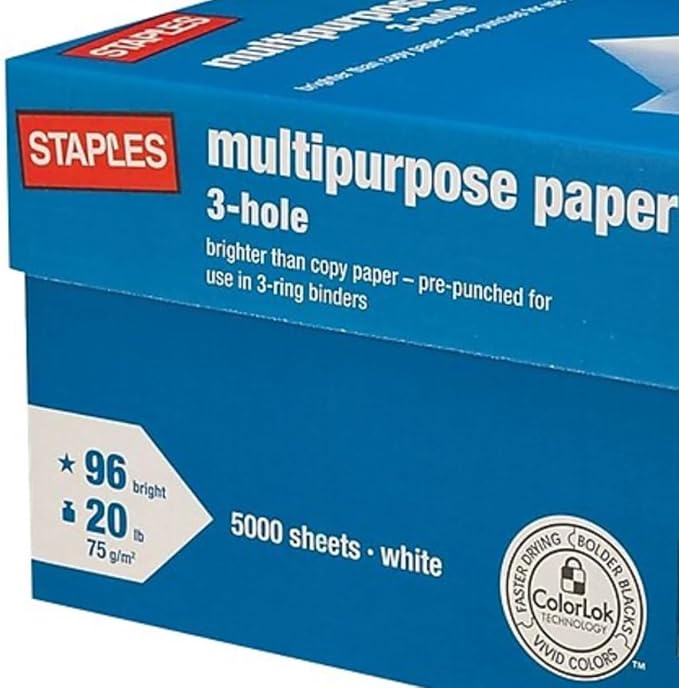 Staples 8.5" x 11" 3-Hole Punch Multipurpose Paper, 20 lbs., 96 Brightness - Image 3