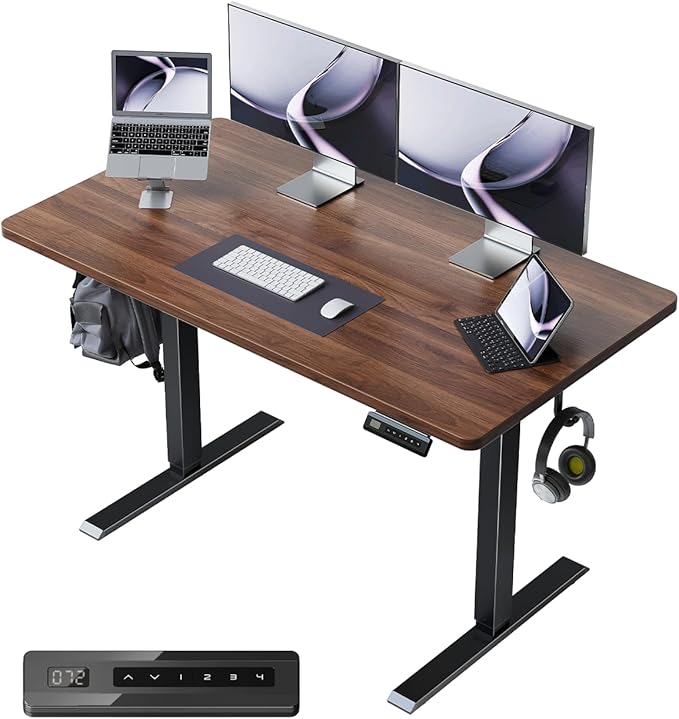 FEZIBO One-Piece Standing Desk Adjustable Height Stand up Home Office Desk, 48x24 Inch Electric Standing Computer Desk, with 4 Memory Presets, Fixable casters, Black Walnut-DeskLoop Office