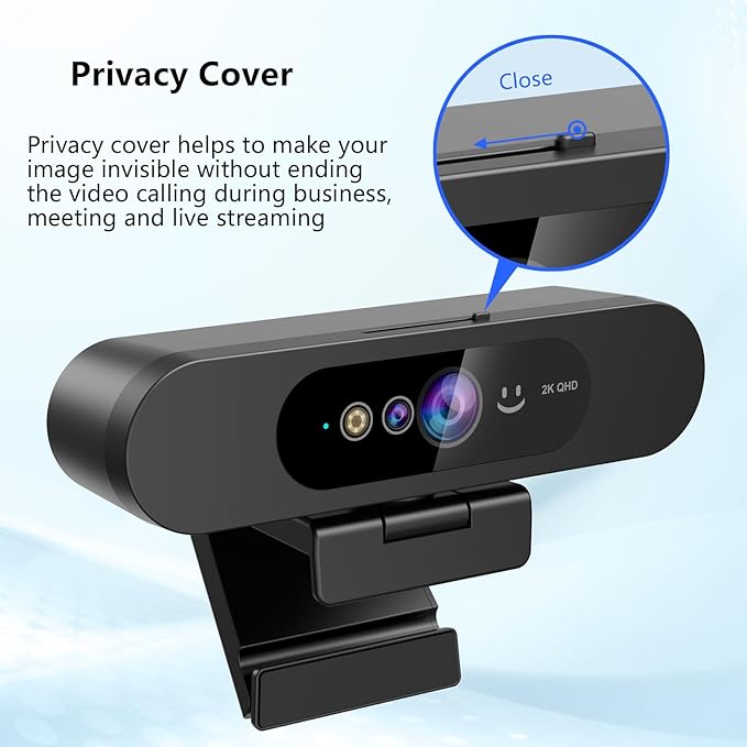 2K QHD Webcam with Windows Hello Facial Recognition, 4MP Computer Camera with Noise-reducing Mic, Privacy Cover, 92° FOV Laptop Webcam for Video Conferencing, Live Streaming, Online Learning