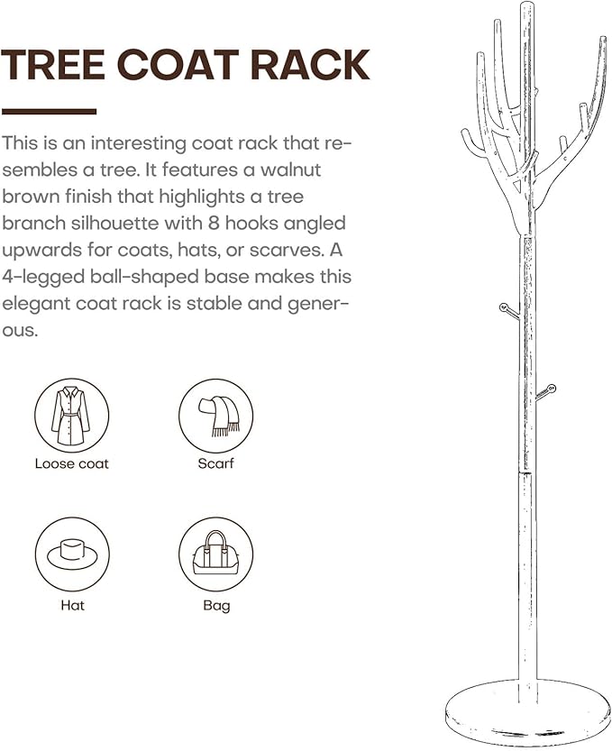Coat Rack Freestanding, Wooden Coat Rack Stand with 16.5" Round Base, Tree Branch-look, 72" Coat Tree Standing Heavy Duty Clothes Hanger with 12 Hooks for Corner Entryway, White-DeskLoop Office
