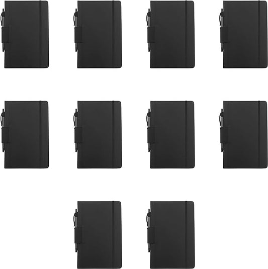DISCOUNT PROMOS 10 Executive Notebooks with Pen Pack - 6 x 8.5 inches, Recycled, Pen Loop, Closure Strap - Black-DeskLoop Office