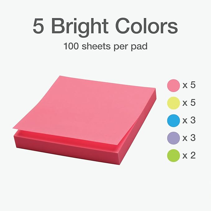 Redi-Tag Sticky Notes, Power Stick Notes, Adhesive Reminders, 3" x 3" Reusable Notes, Strong Adhesive Memos, Assorted Bright Colors, 18 Pack (1000977)-DeskLoop Office