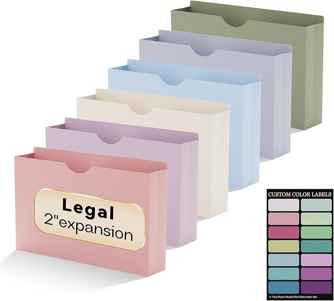 Plastic 2 Inch Manila File Jackets, Legal Size, 12 Pack Manilla Pocket Folders by NORDUN