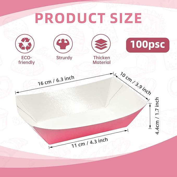 100 Pack Disposable Paper Food Boat, 2lb Pink Paper Food Trays, Kraft Food - Image 2