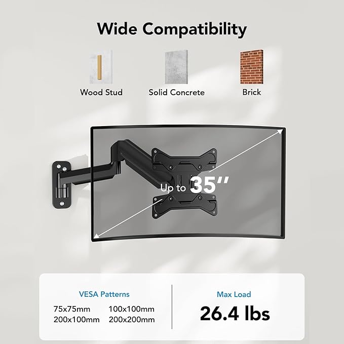 HUANUO Computer Monitor Wall Mount for 22 to 35 inch Flat Curved Screens, Single Wall Mount Monitor Arm Holds up to 26.4lbs, Height Adjustable Full Motion Gas Springcore Vesa Mount, Max 200x200mm-DeskLoop Office