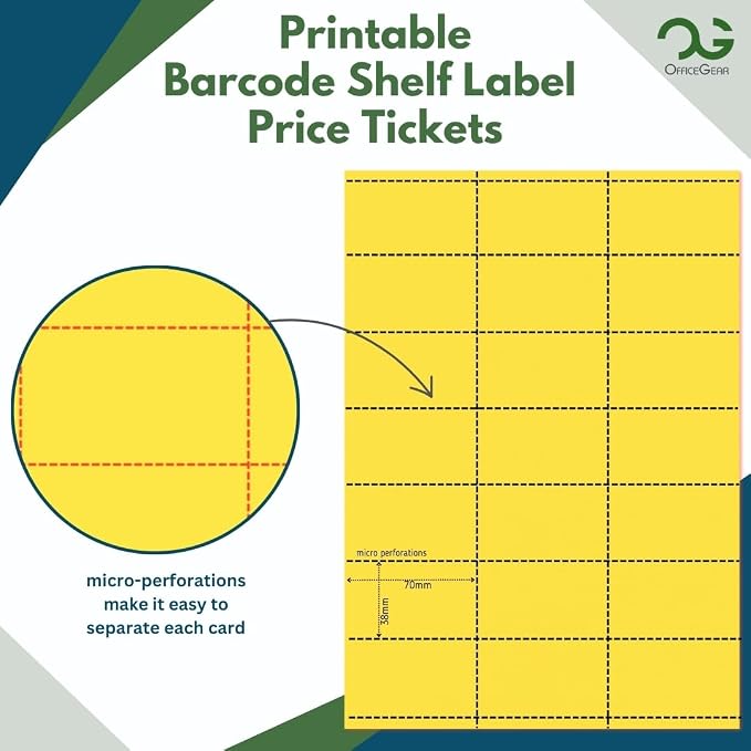 OfficeGear Yellow Shelf Edge Labels 21-up 38x70mm Printable A4 Card Perforated - Image 2