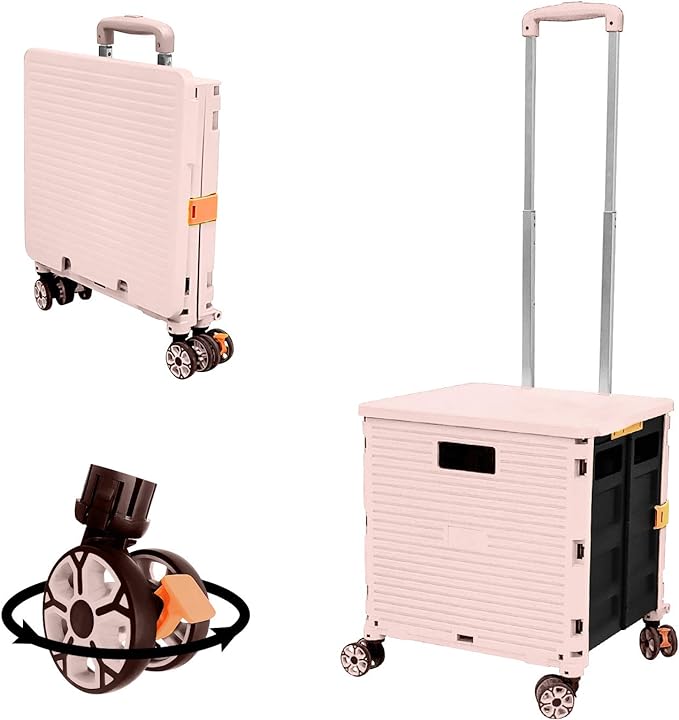 FELICON SELORSS Foldable Utility Cart Folding Portable Rolling Crate-Pink | by FELICON