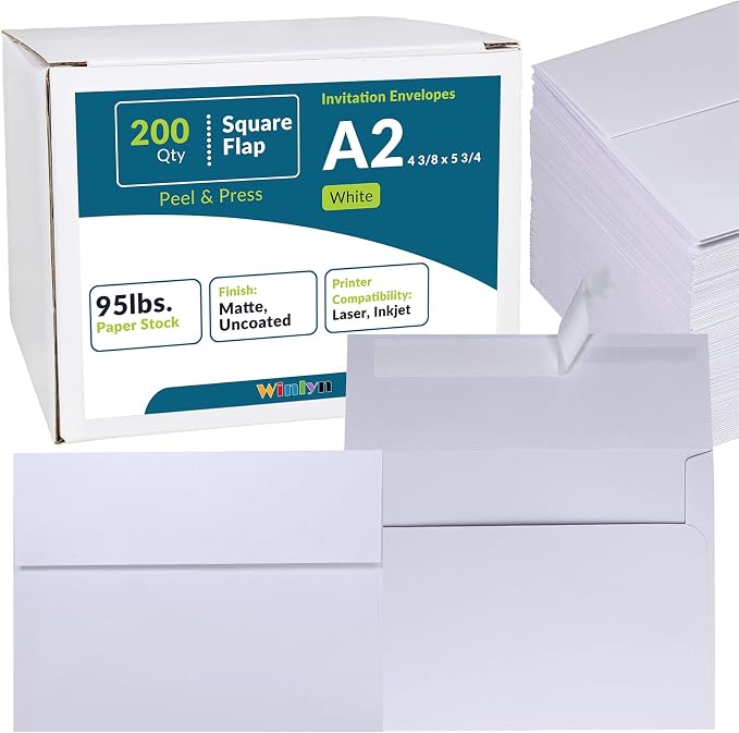 200 Pcs Bulk A2 Invitation Envelopes in White Peel & Press Self Seal 4 3/8 x 5 by Winlyn