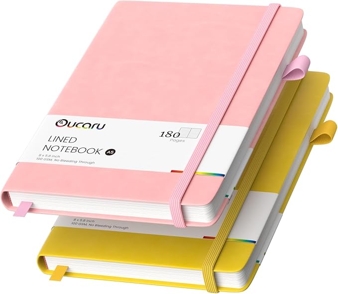 Oucaru Lined Journal Notebook, 2 Pack, 180 Pages, A5 Journals by Oucaru
