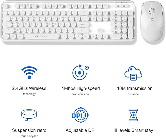 FOPETT Wireless Keyboard and Mouse Combo, 104 Keys Full-Sized 2.4 GHz Round Keycap Colorful Keyboards, USB Receiver Plug and Play, for Windows, Mac, PC, Laptop, Desktop (White)-DeskLoop Office