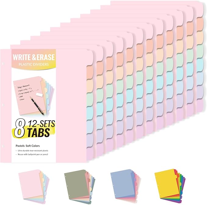 Sooez 8 Tabs Long-Lasting Plastic Write & Erase Large Tabs Dividers by Sooez
