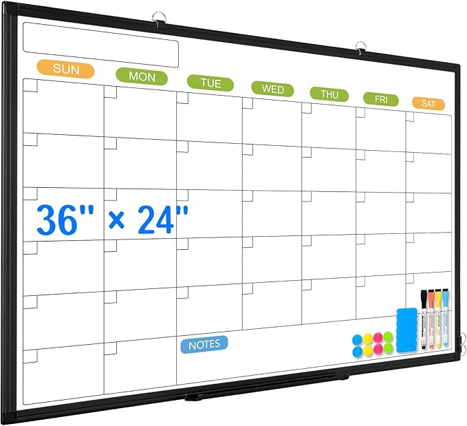 Dry Erase Calendar Whiteboard for Wall, 36" x 24" Double-Sided Magnetic Monthly WhiteBoard Calendar Dry Erase, Wall Hanging Aluminum Frame Calendar Board with Tray for Home, School, Office-DeskLoop Office