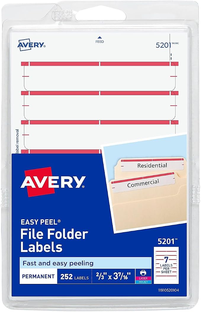 Avery 05201 Print or Write File Folder Labels, 1/3 Cut, Dark Red Bar by Avery