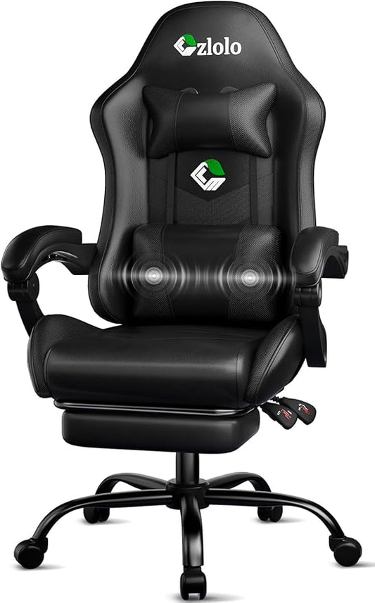 Gaming Chair, Ergonomic Office Computer Chair with Footrest and Lumbar Support Massager Racing Style High Back Video Gamer Chair, Wide＆Thick Cushion, 90°-135° Recline, Adjustable Height, Black-DeskLoop Office