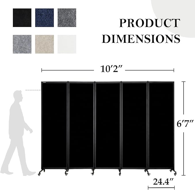 Upgrade Version Room Partition and Divider, Freestanding Rolling Dividers with Wheels,Office Privacy Screen Divider Wall,Classroom Felt Dividers,10'6"L* 6'7"H,5 Panel,Black-DeskLoop Office