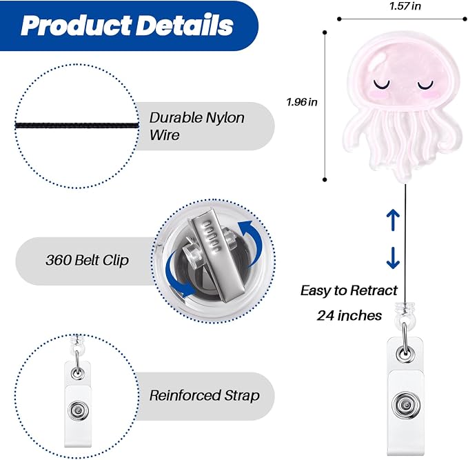 Cute Pink Jellyfish Badge Reel, Pediatric Retractable ID Card Badge Holder - Image 4