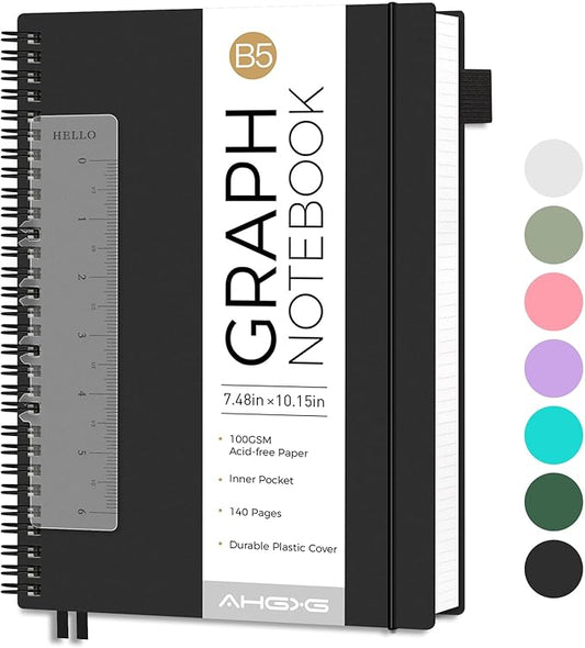 AHGXG Graph Paper Notebook - Spiral Notebook Journal 7.6" x 10", B5 Large Graph Notebook, 140 Pages, 100 gsm Thick Grid Paper, Waterproof Plastic Cover, for School Writing Engineering, Black-DeskLoop Office