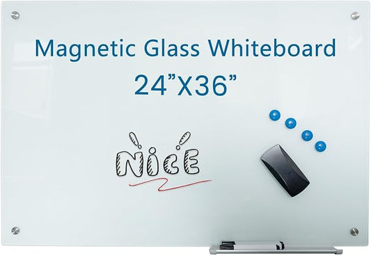 Glass Whiteboard 36"X24" Magnetic Dry Erase Board Frameless Wall Mounted White by Unknown