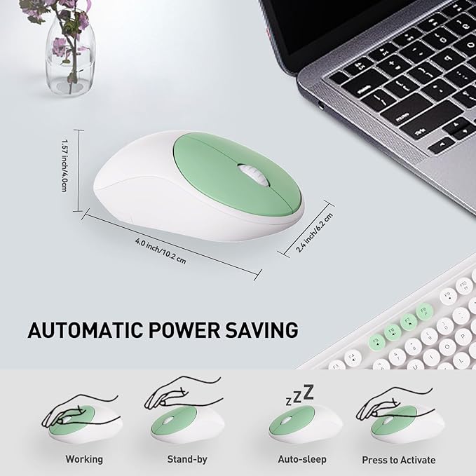 Keyboard and Mouse Wireless,2.4Ghz Retro Typewriter Style Round Keycap,Full Size Wireless Keyboard Mouse Combo,Cute Cordless Keyboard Mouse Set for PC Laptop Desktop Computer-Milk White Green Colorful-DeskLoop Office
