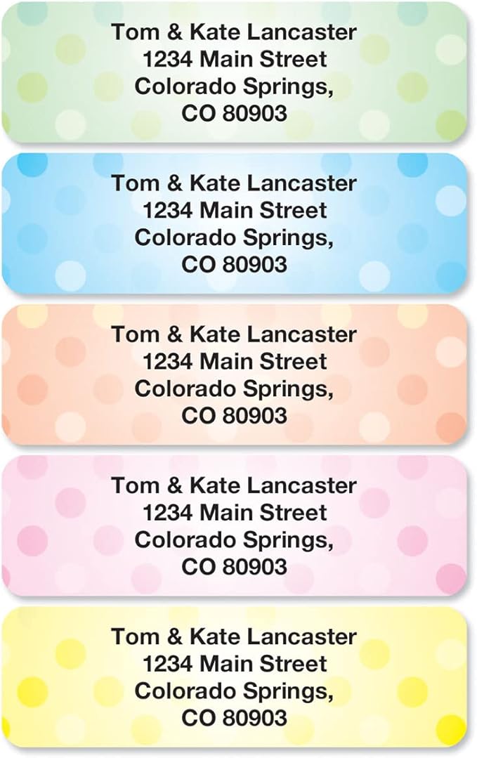 Pastel Dots Rolled Personalized Return Address Mailing Labels with Dispenser, Set of 500, 5 Designs, Small ¾ x 2½ Inch Size, Custom Self-Adhesive Sticker Roll, by Colorful Images