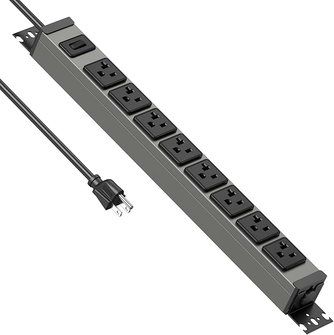 JUNNUJ Heavy Duty Power Strip Wall Mount, 20 Amp Surge Protector 1200J Metal 8 Outlet Under Desk Mounted 20A, Garage Power Bar Table Socket Industrial Outlets 6-20R T-Slot, 6FT 12AWG Extension Cord-DeskLoop Office