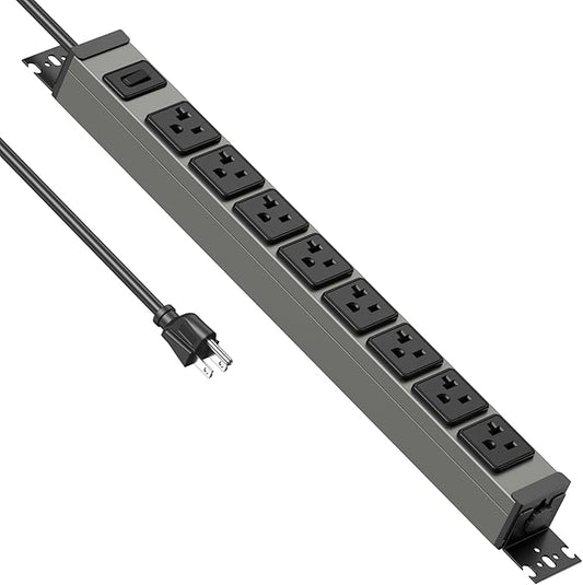 JUNNUJ Heavy Duty Power Strip Wall Mount, 20 Amp Surge Protector 1200J Metal 8 Outlet Under Desk Mounted 20A, Garage Power Bar Table Socket Industrial Outlets 6-20R T-Slot, 6FT 12AWG Extension Cord-DeskLoop Office