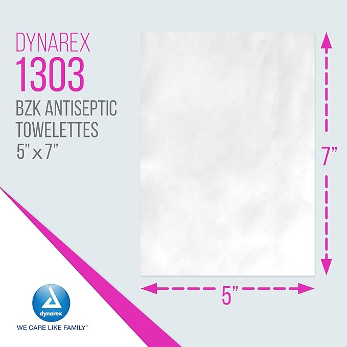 Dynarex BZK Antiseptic Towelettes, 5" x 7", Disposable and Premoistened, Individually Wrapped, 1 Case | 10 Boxes of 100 Dynarex BZK Antiseptic Towelettes (Packaging May Vary)-DeskLoop Office
