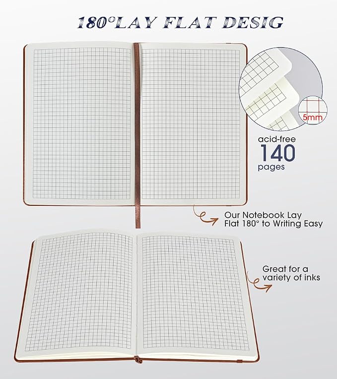 Biuwory A5 Hardcover Graph Paper Notebook, Grid Leather Journal - Image 5