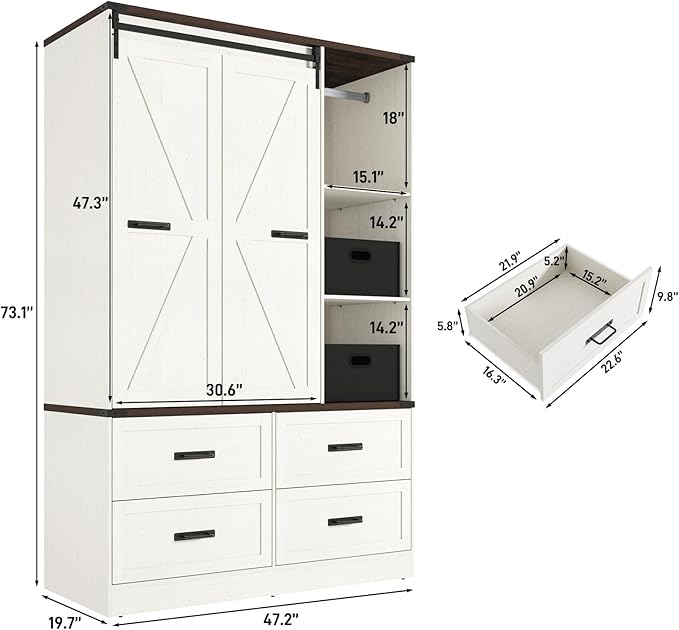 Farmhouse 3 Doors Armoire Wardrobe Closet w/Folding Sliding Barn Door and Lights, LED Armoire Closet w/Drawers for Bedroom, Freestanding Wooden Wardrobe Storage Closets w/Hanging Rod,Antique White-DeskLoop Office
